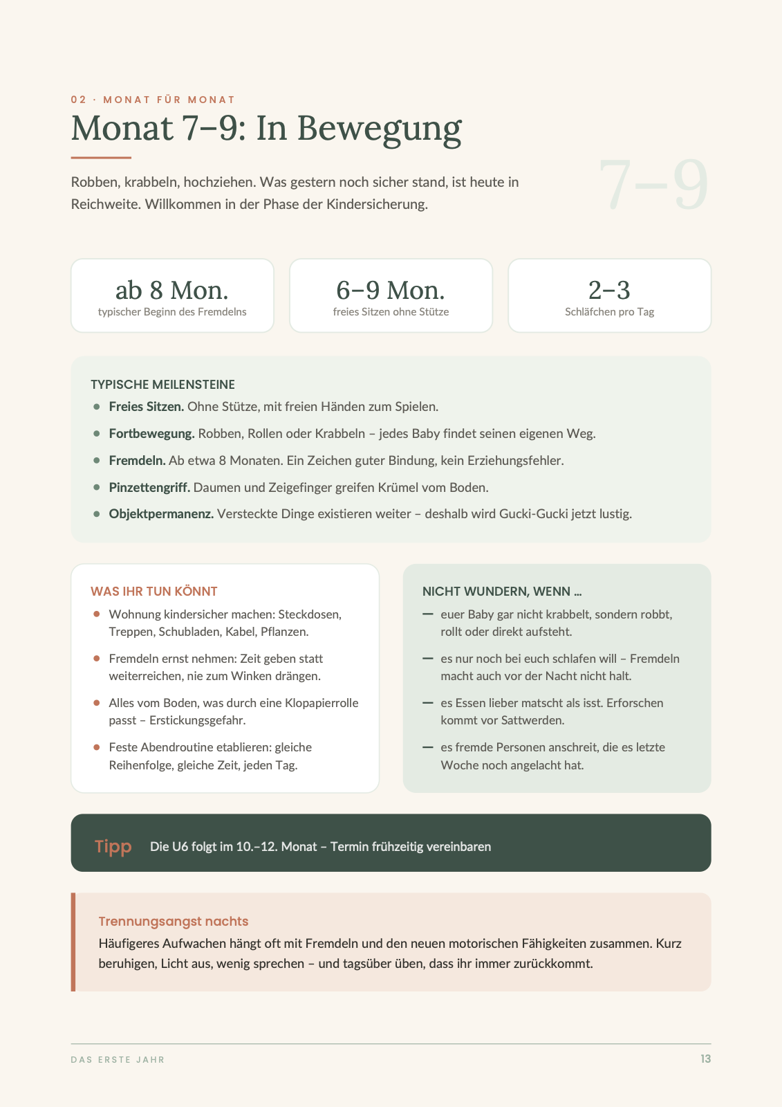 Beispielseite: Monat 7 bis 9, Krabbeln, Fremdeln und Kindersicherung
